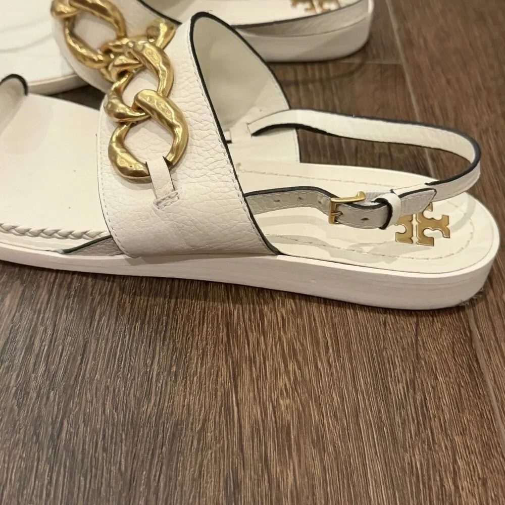 Tory Burch Adrien Sandals 7.5M Ivory White Leather Gold Chain Flat Toe Ring